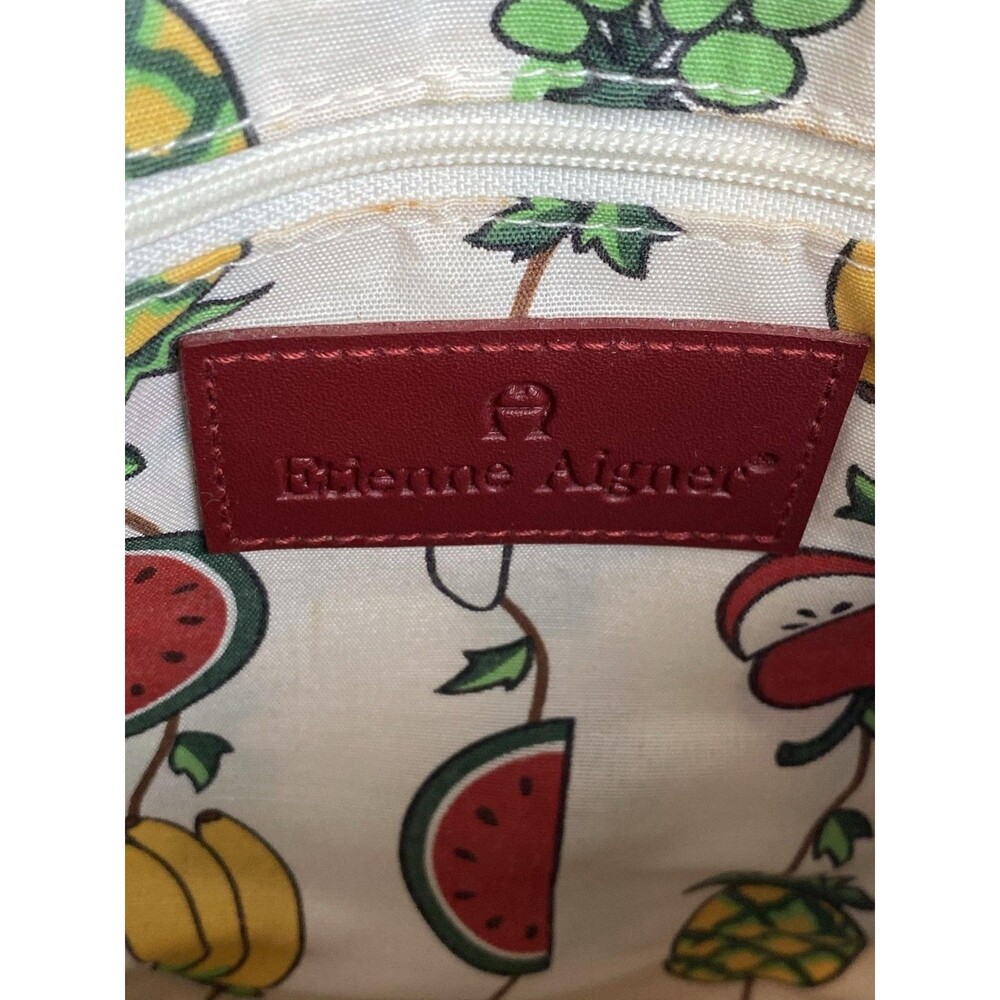 Etienne Aigner Tote Bag Womens Small Beige Straw Red Leather Fruit Lining Beach - Picture 5 of 5